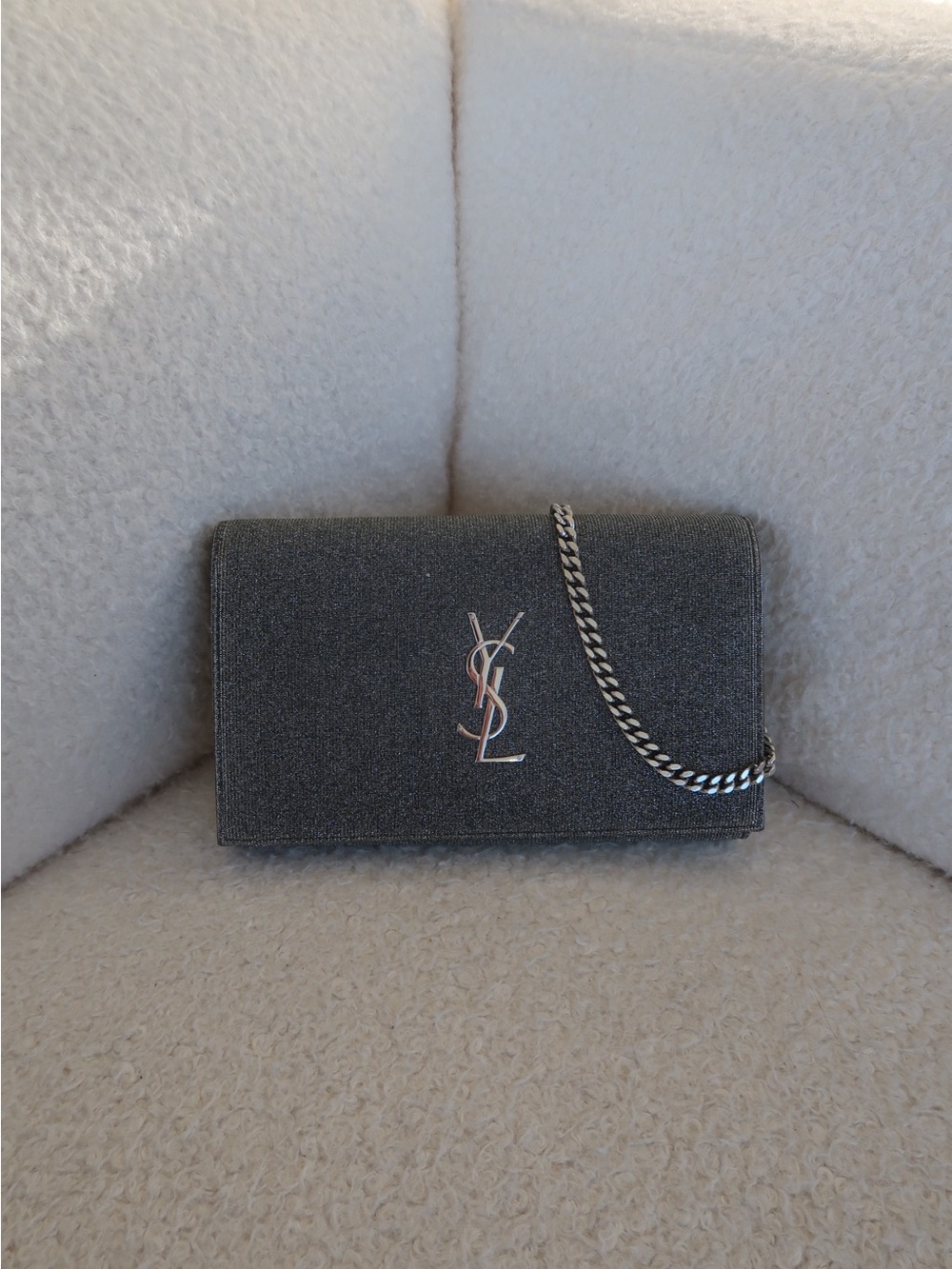 Saint Laurent Silver Glitter Chain Crossbody Wallet